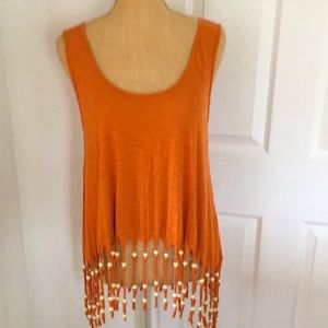 Rusty Orange Tank TOP with beaded fringe - size Small
